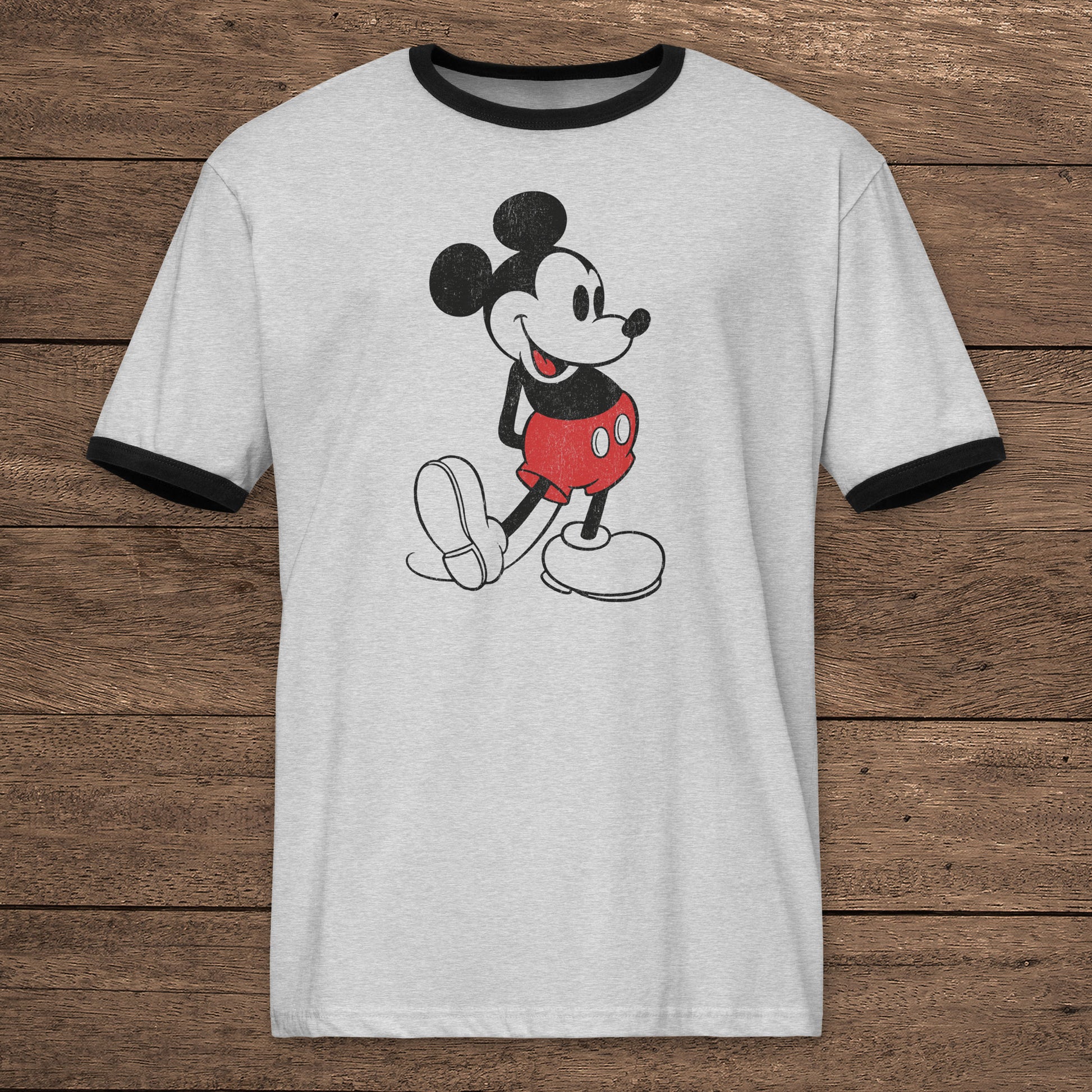 Heather gray and black ringer tee with distressed Mickey Mouse graphic, Outsiders Two-Bit inspired, sleeves can be cut off