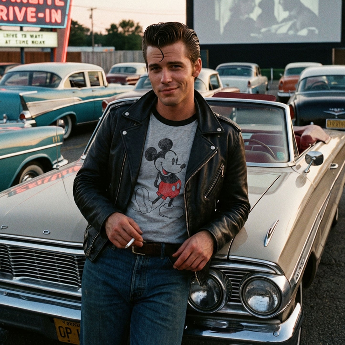 Man wearing Heather Grey Mickey Mouse Disney ringer t-shirt worn by Two-Bit Matthews in the movie The Outsiders, standing at a Drive-in Theater.
