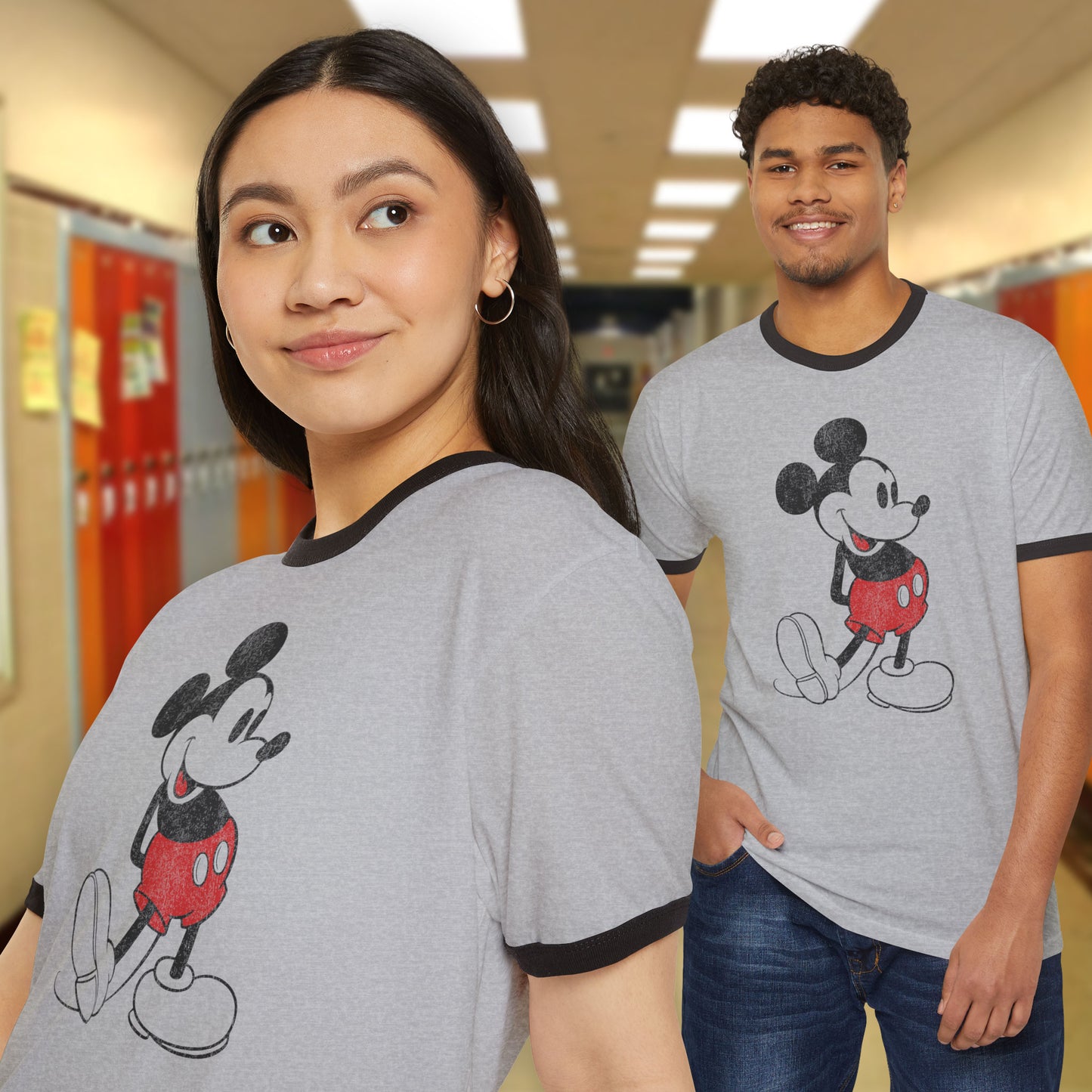 Two people wearing Heather Grey Mickey Mouse Disney vintage ringer t-shirt worn by Two-Bit Matthews in the movie The Outsiders.