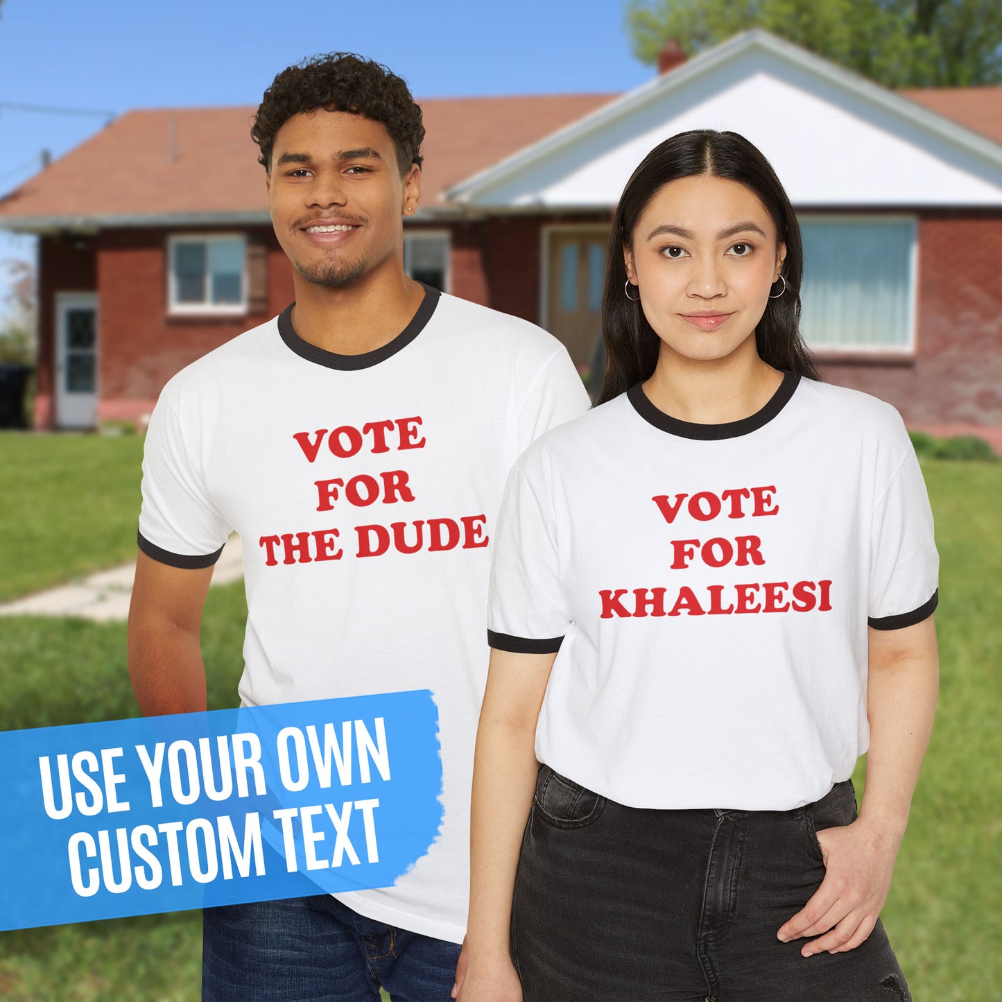 Two people wearing white ringer tees with black trim and red custom text, from Napoleon Dynamite, shown as “VOTE FOR THE DUDE” and “VOTE FOR KHALEESI”