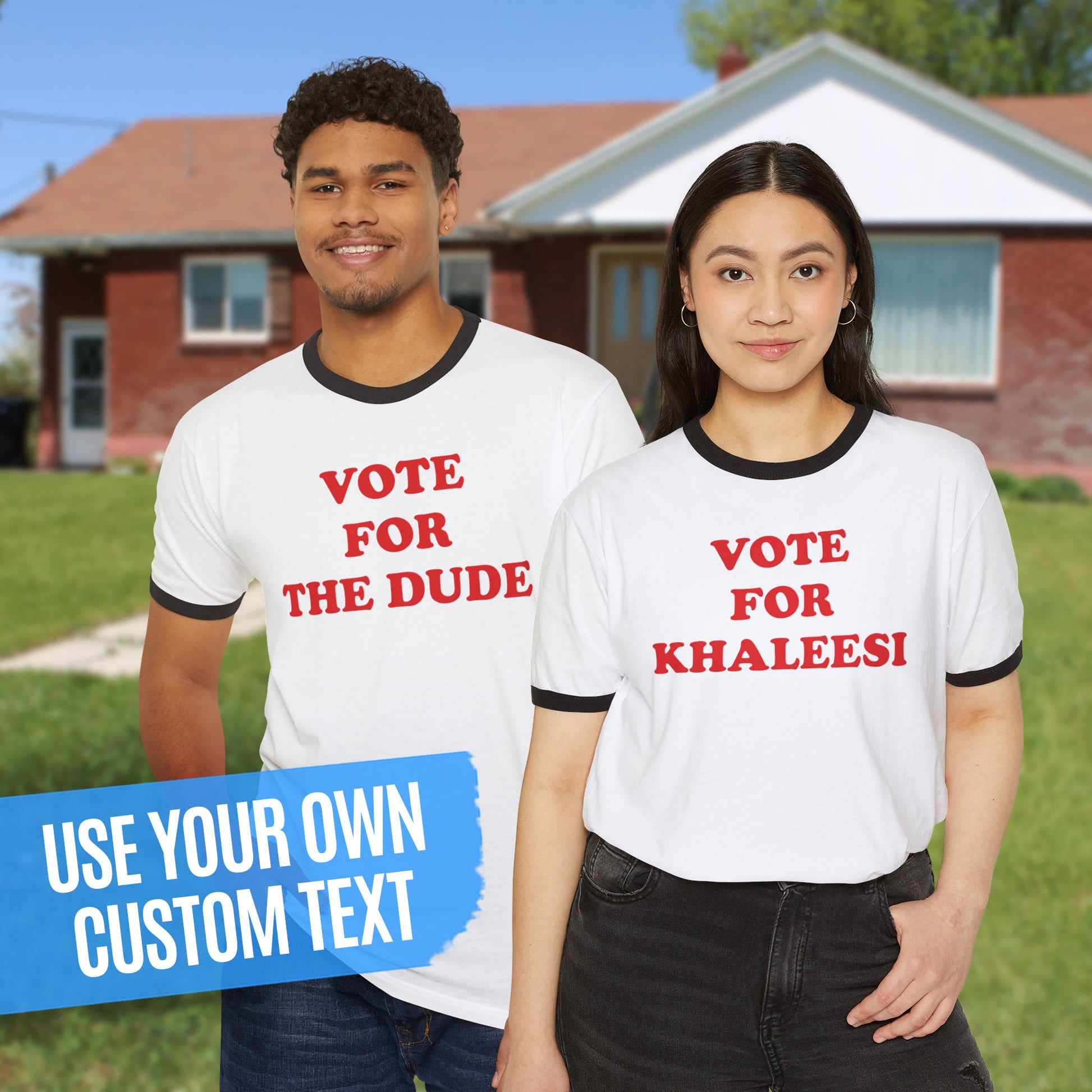Two people wearing white ringer tees with black trim and red custom text, from Napoleon Dynamite, shown as “VOTE FOR THE DUDE” and “VOTE FOR KHALEESI”