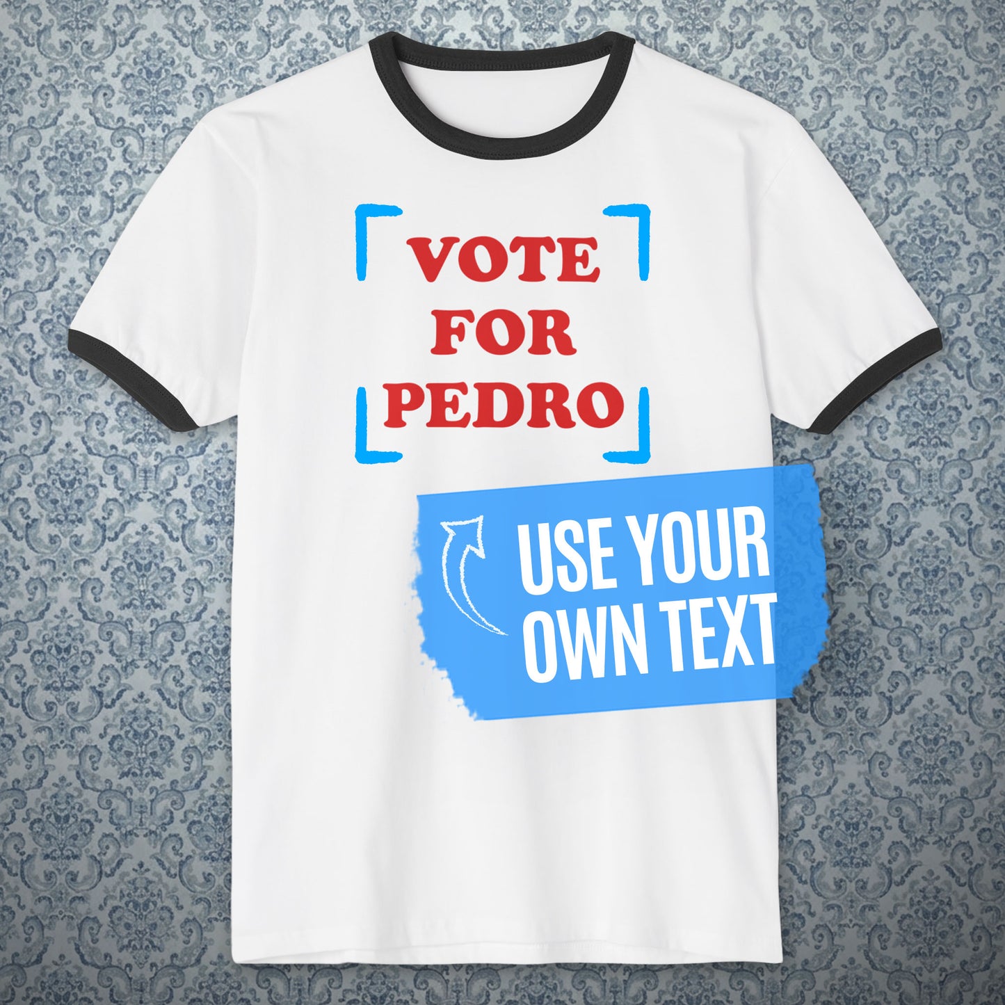White ringer tee with black trim and red custom text, from Napoleon Dynamite movie, shown as VOTE FOR PEDRO