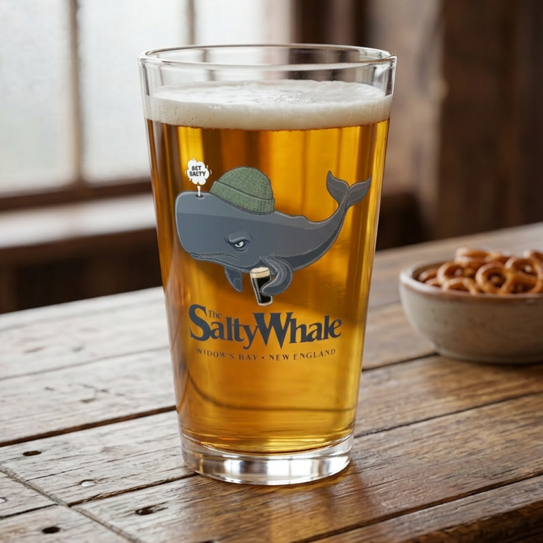 The Salty Whale cartoon mascot pint glass inspired by Widow's Bay Apple TV series, 16oz beer glass in a pub