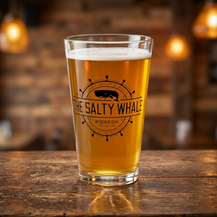 Clear 16 oz pint glass with the vintage black Salty Whale maritime crest logo from Widow's Bay, New England