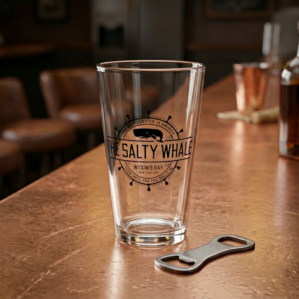 Clear 16 oz pint glass with the vintage black Salty Whale maritime crest logo from Widow's Bay, shown in a bar