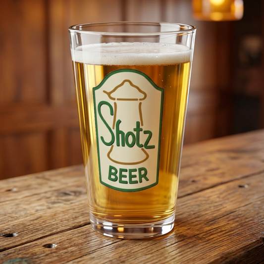 16 oz clear pint glass with Shotz Beer logo graphic from TV Show Laverne & Shirley, shown filled with beer in a pub.
