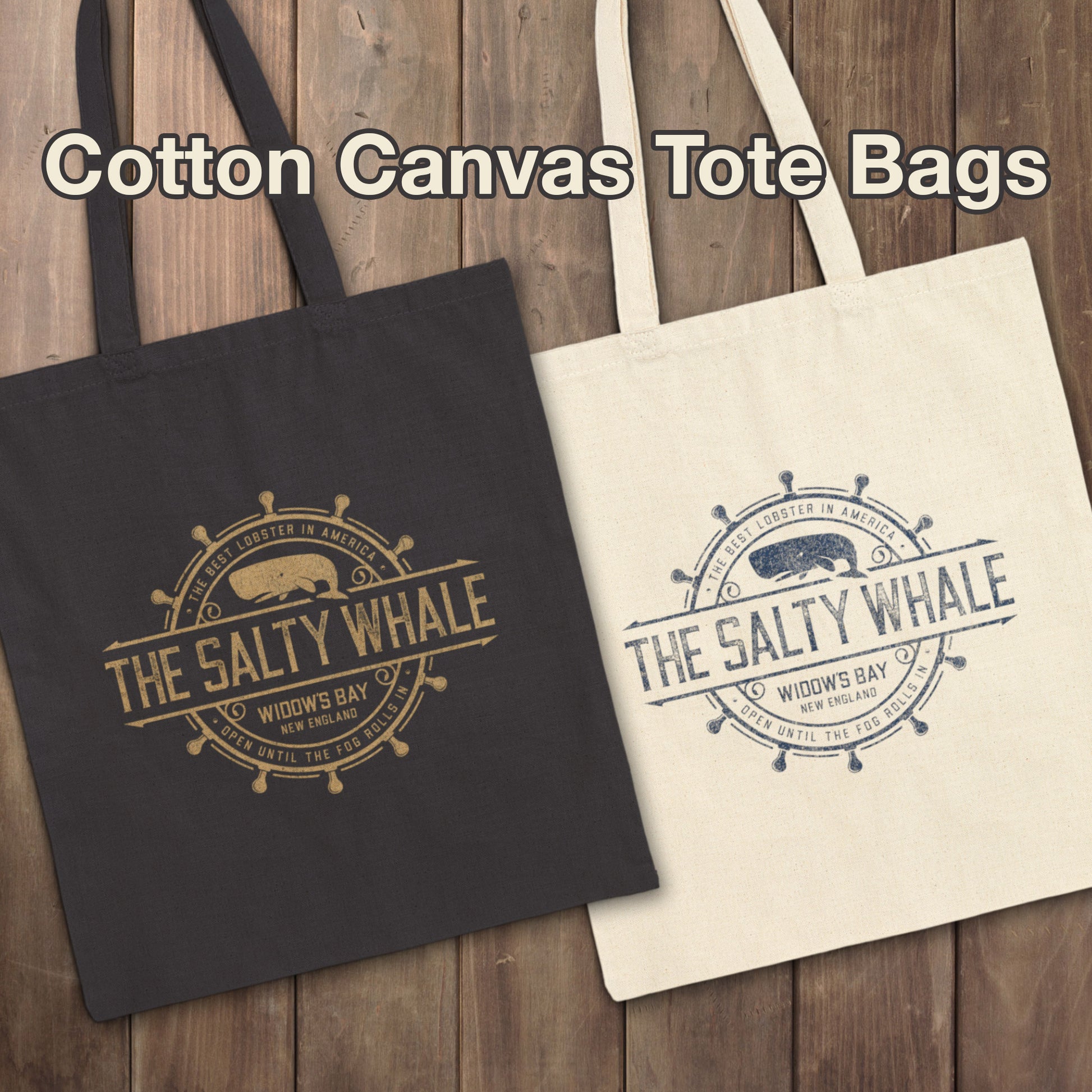 Black and natural canvas tote bags with vintage The Salty Whale, Widow's Bay TV show nautical grocery shopping totes