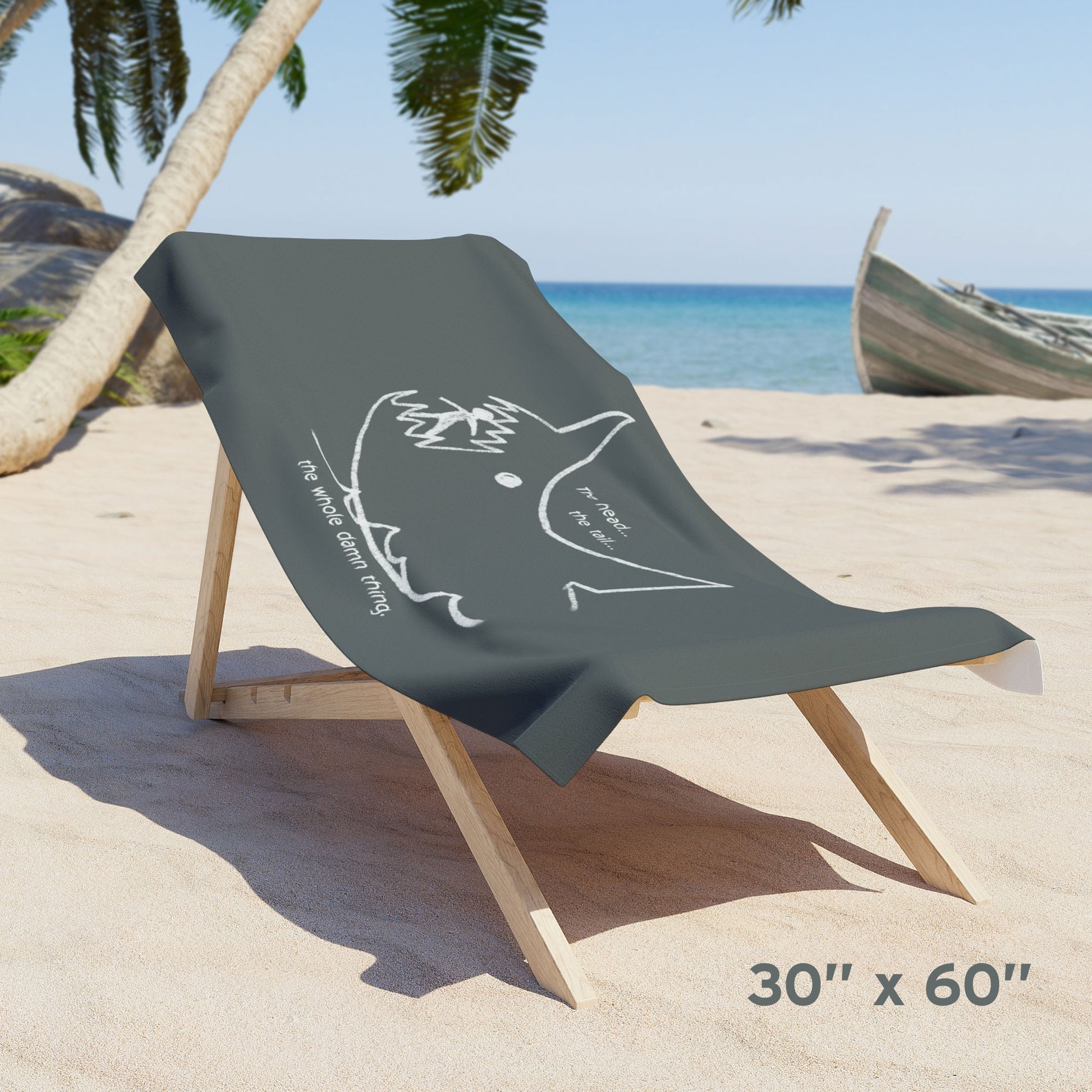 Mockup of Jaws beach towel with gray Quint chalkboard shark drawing and “the whole damn thing” quote draped on beach chair, size 30x60.