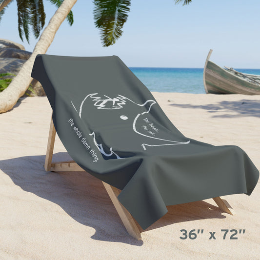 Mockup of Jaws beach towel with gray Quint chalkboard shark drawing and “the whole damn thing” quote draped on beach chair, size 36x72.