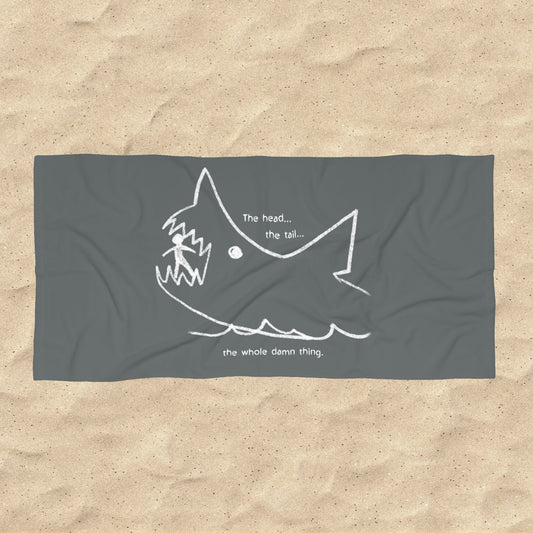 Jaws beach towel with Quint chalkboard shark drawing and “the whole damn thing” quote on gray background, two sizes.