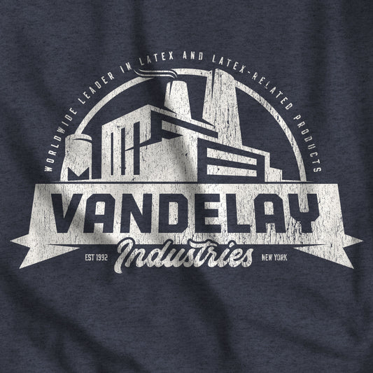 Closeup of Heather Navy Blue Bella+Canvas 3001 t-shirt with a Vandelay Industries logo that George Costanza made up in the TV Show Seinfeld.