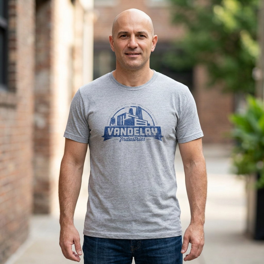 Person wearing Heather Gray Bella+Canvas 3001 t-shirt with a Vandelay Industries logo that George Costanza made up in the TV Show Seinfeld.