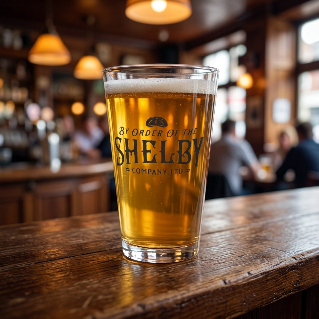 Beer-filled 16 ounce Pint Glass with Shelby Company LTD logo from Peaky Blinders printed on both sides, in a pub.