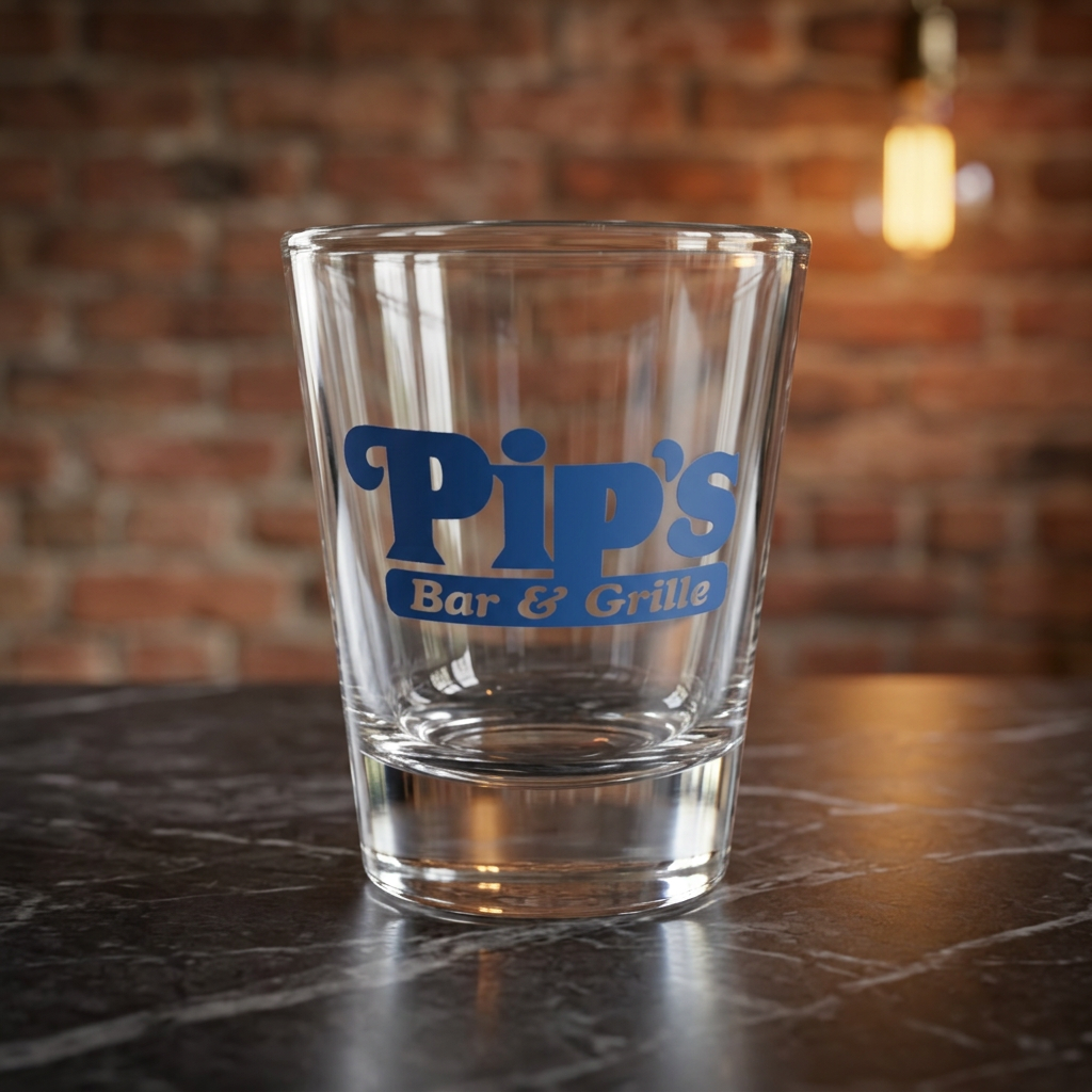 1.5 oz ounce clear shot glass featuring the Pips Bar and Grill logo from the Apple TV show Severance.,Lumon Industries, on a table in a bar