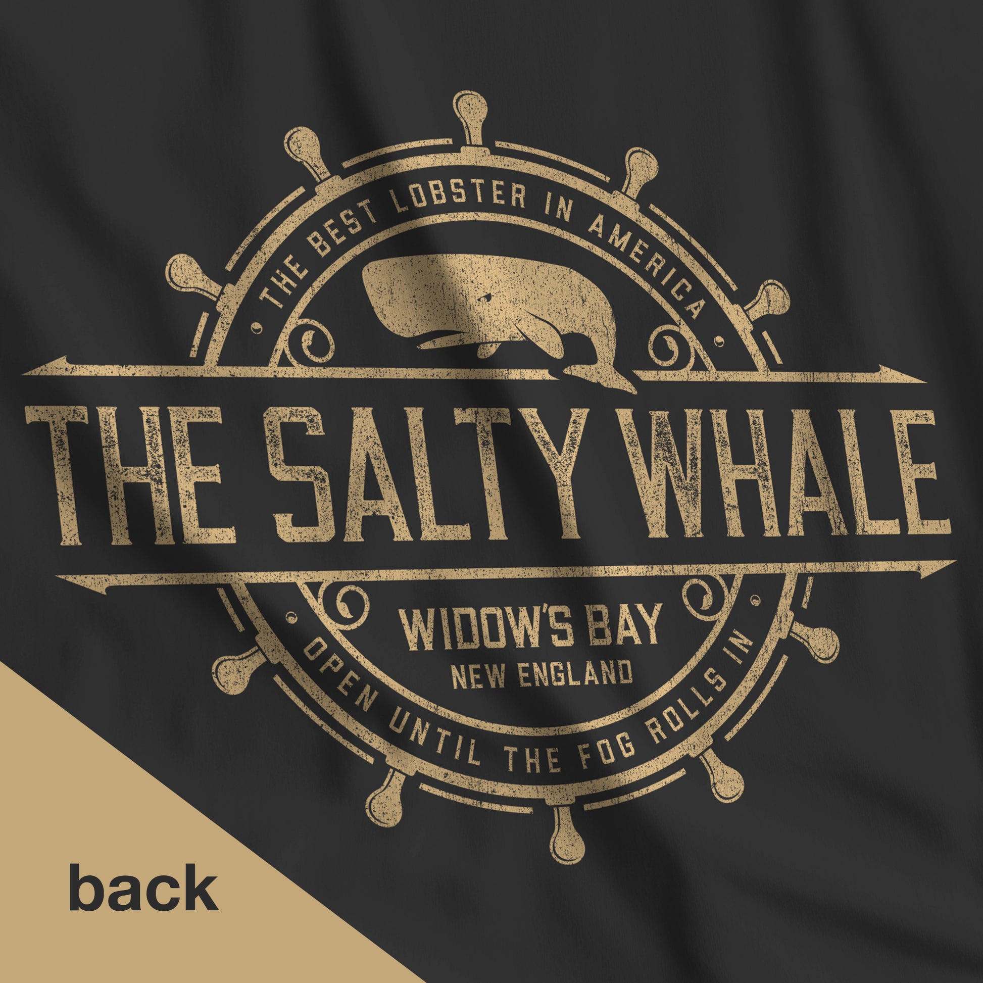 Closeup of back of Gildan full-zip hoodie with Widow's Bay Salty Whale logo