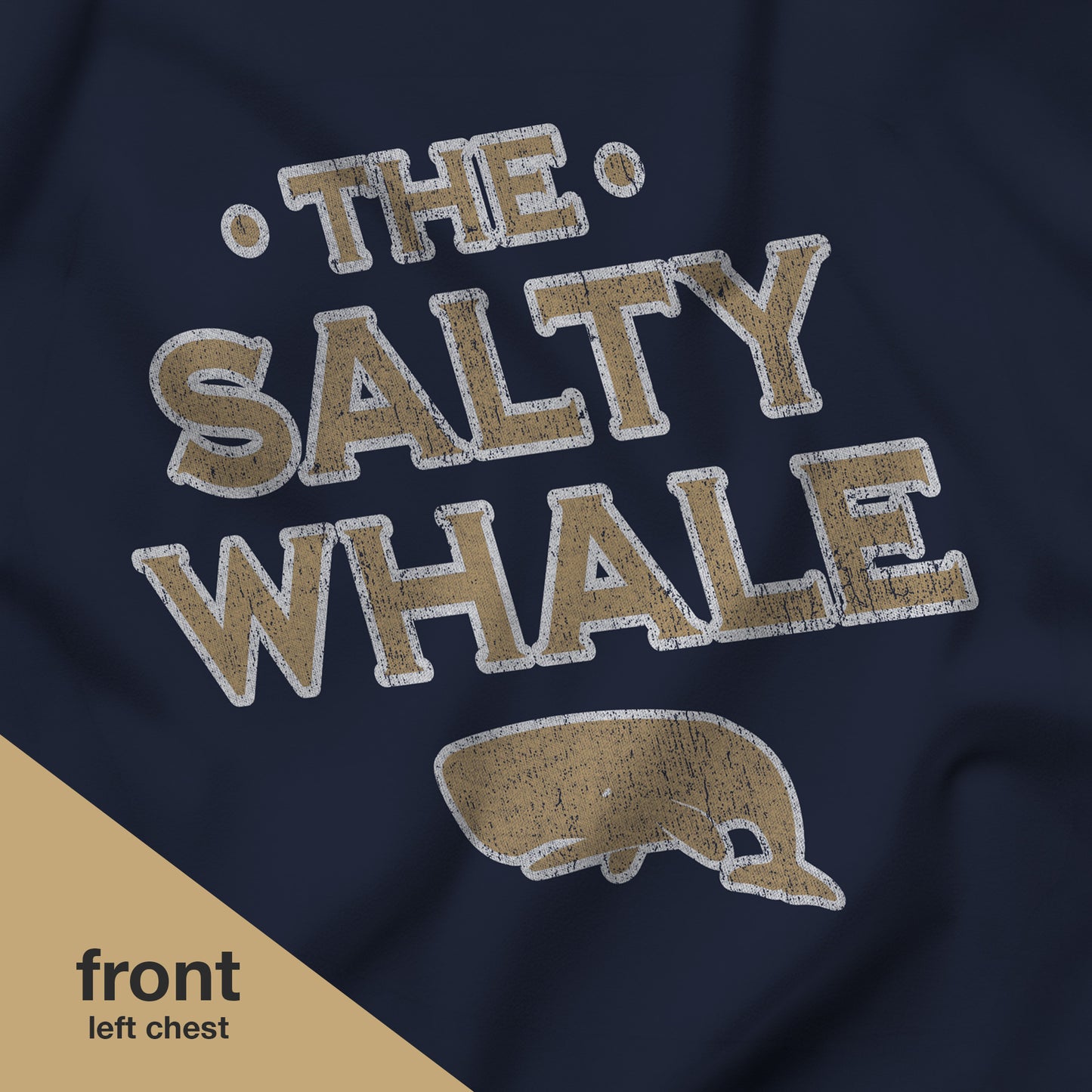 Closeup of front of Gildan full-zip hoodie with Widow's Bay Salty Whale logo