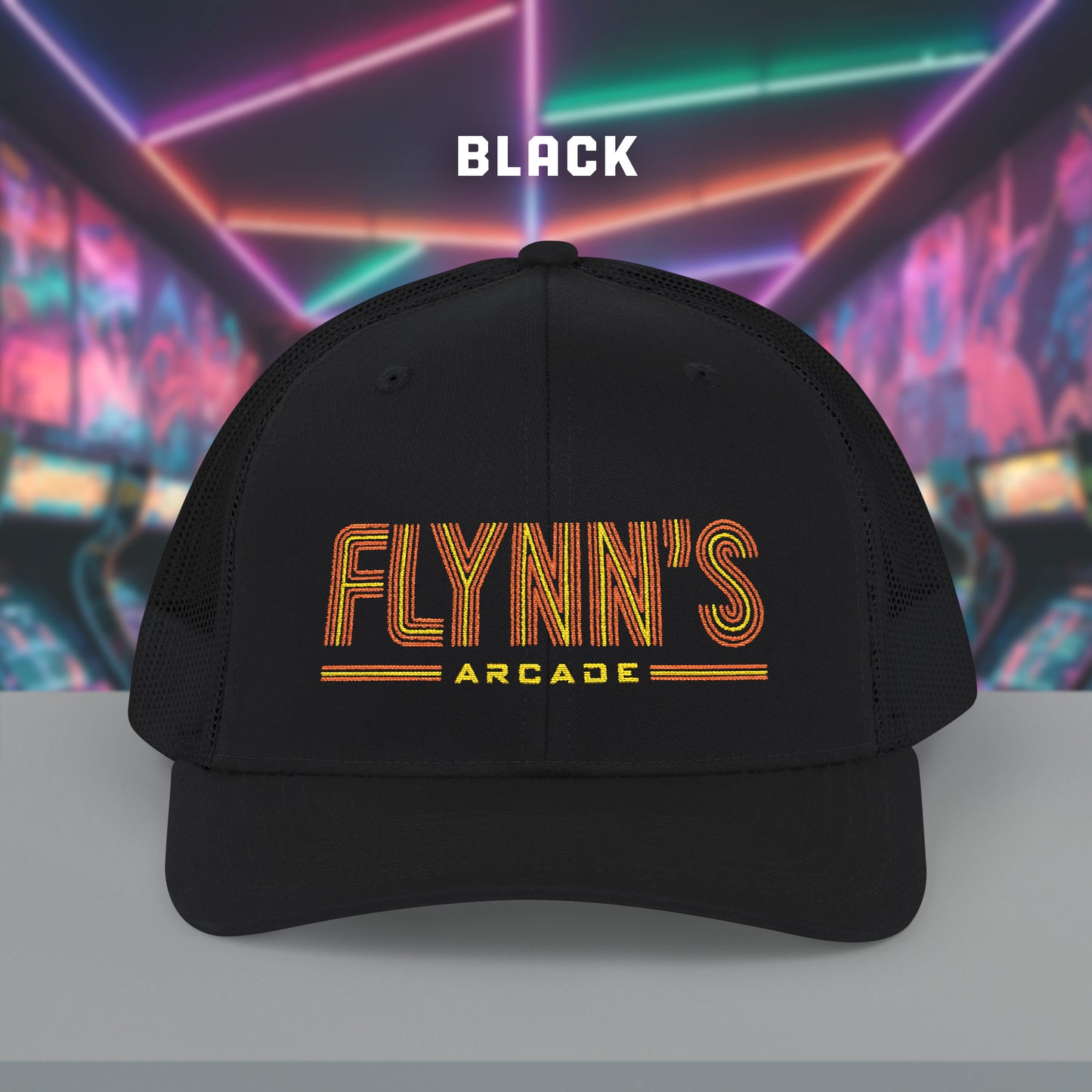 Front view of Black Richardson 112 snapback trucker cap with 'Flynn’s Arcade' neon logo inspired by TRON.