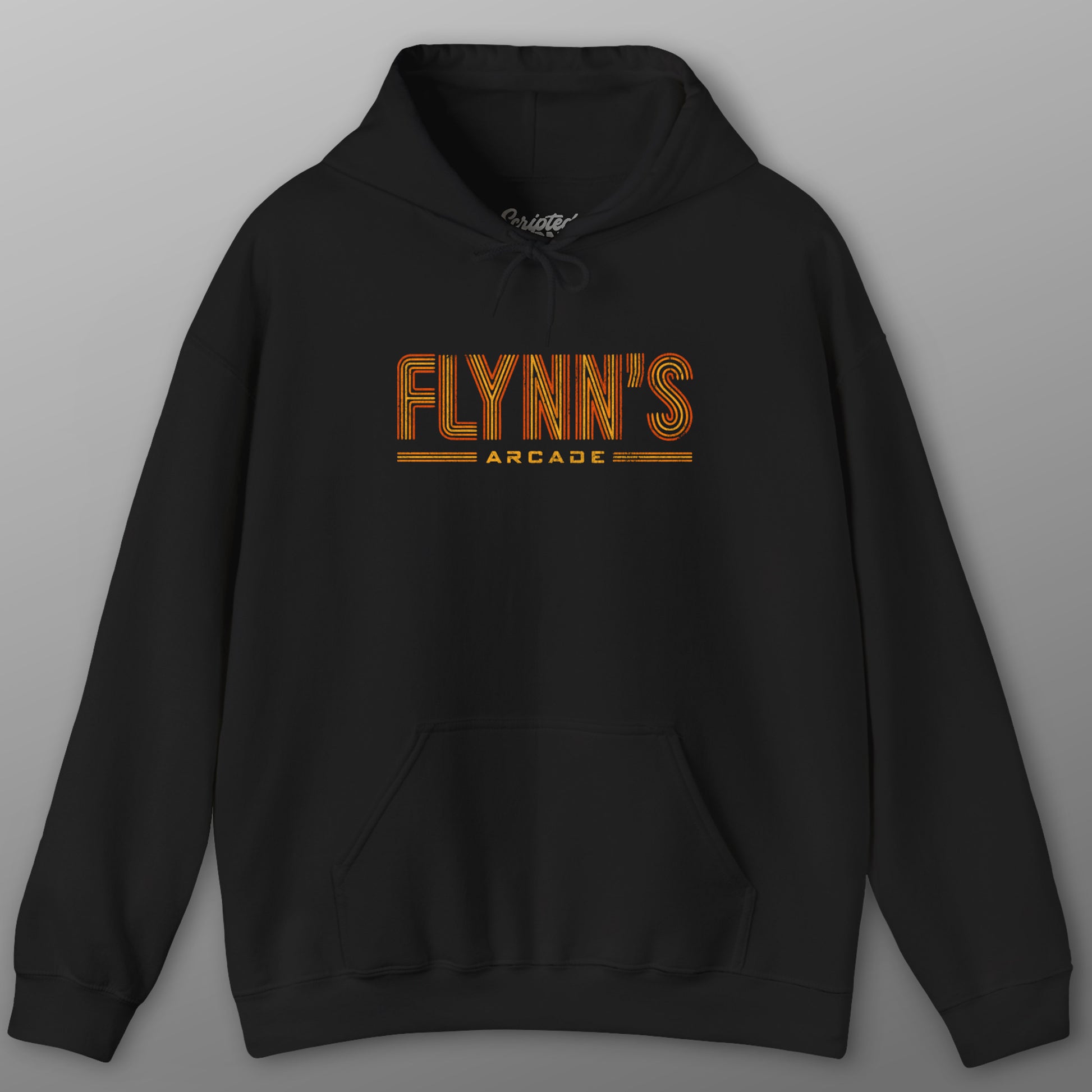 Black hoodie sweatshirt with vintage distressed 'Flynn’s Arcade' neon logo inspired by TRON