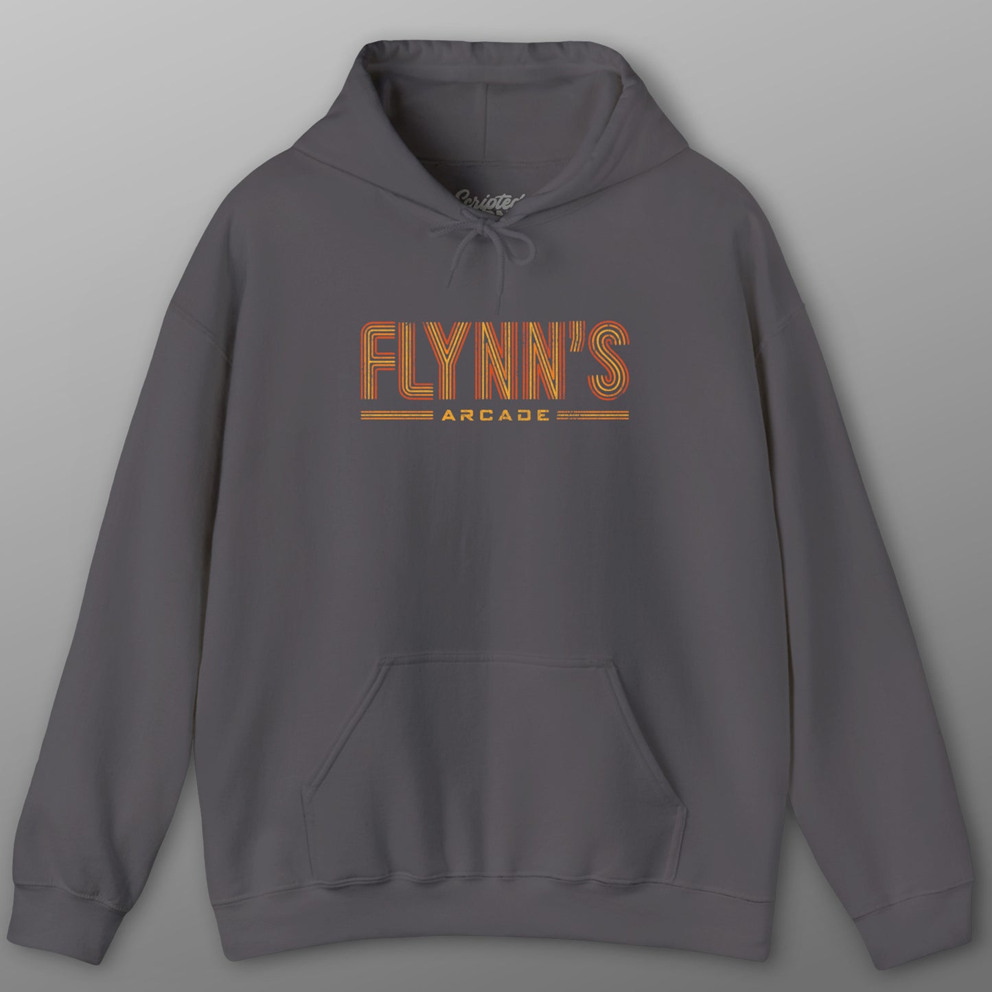 Charcoal gray hoodie sweatshirt with vintage distressed 'Flynn’s Arcade' neon logo inspired by TRON