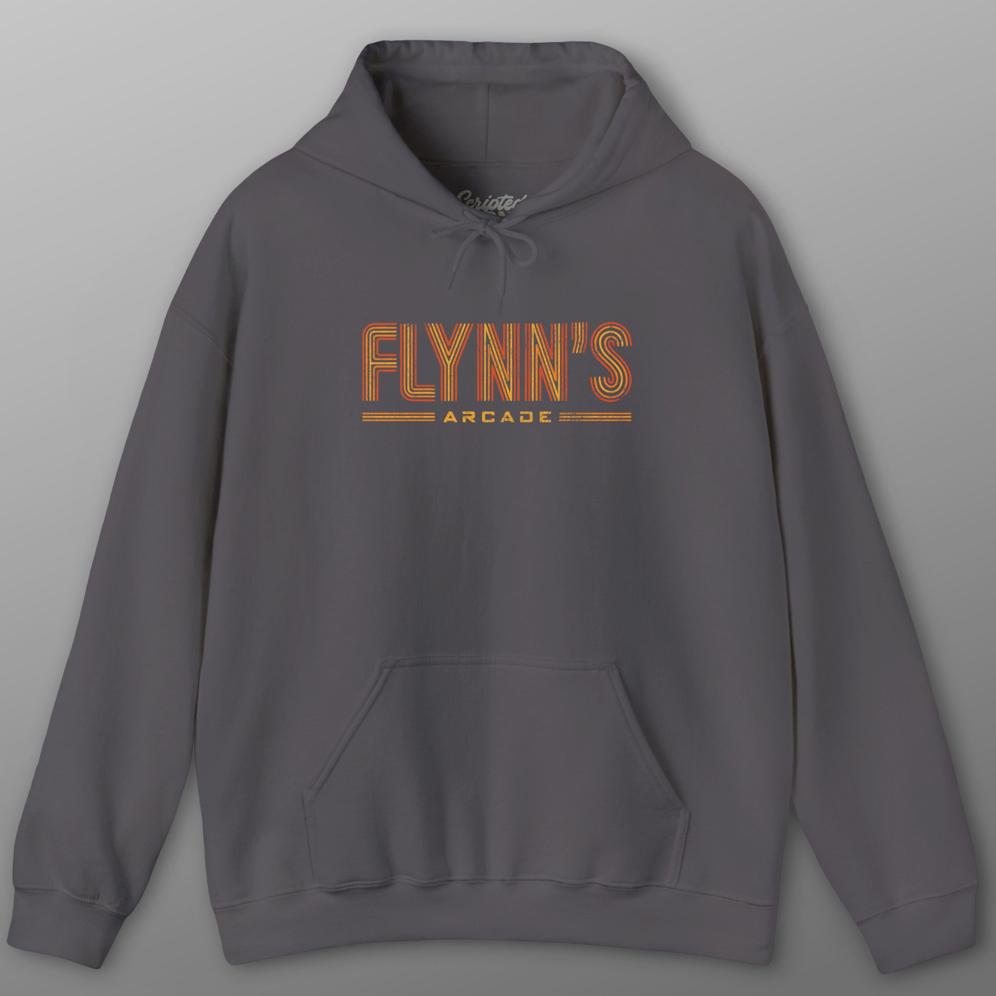 Charcoal gray hoodie sweatshirt with vintage distressed 'Flynn’s Arcade' neon logo inspired by TRON