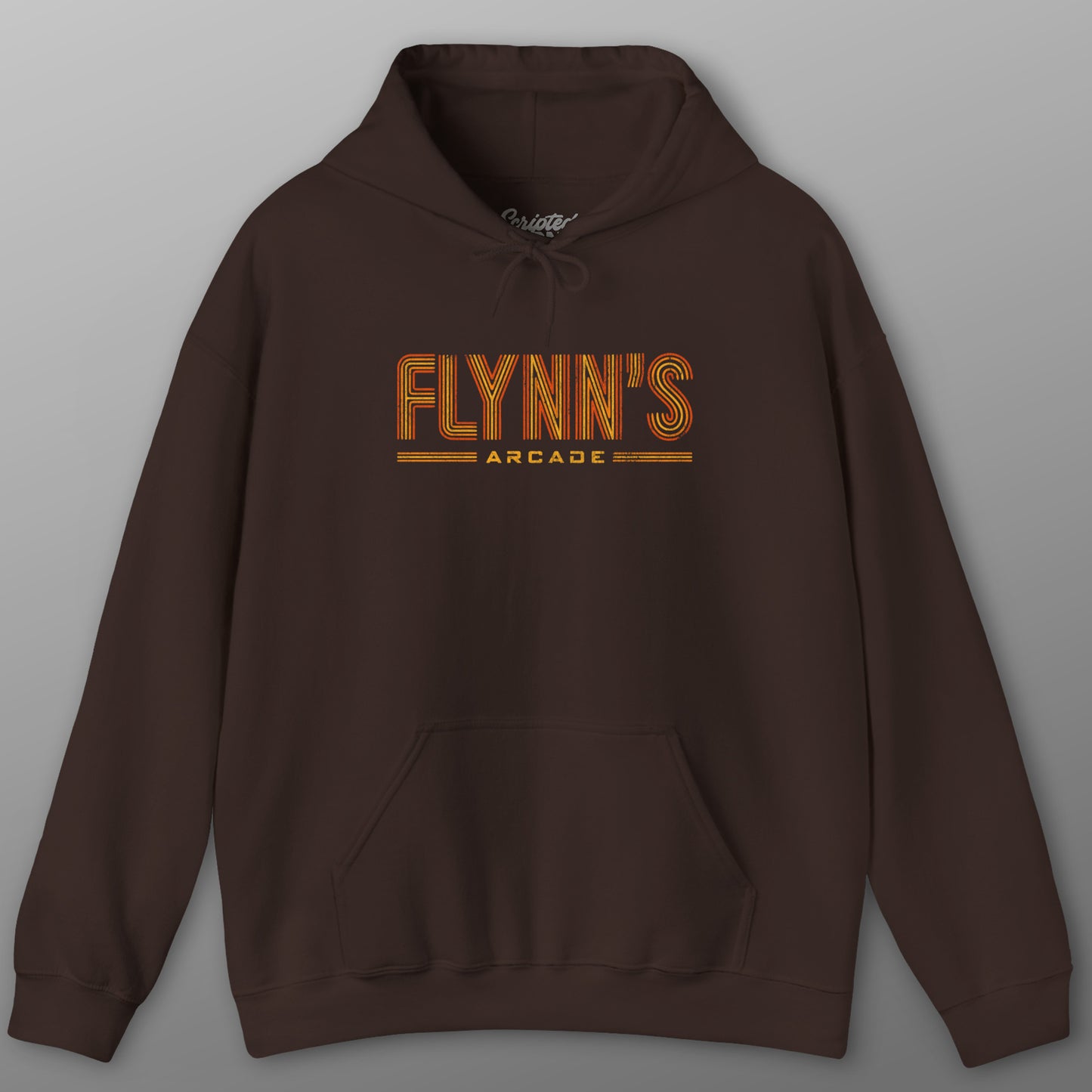 Dark Chocolate hoodie sweatshirt with vintage distressed 'Flynn’s Arcade' neon logo inspired by TRON