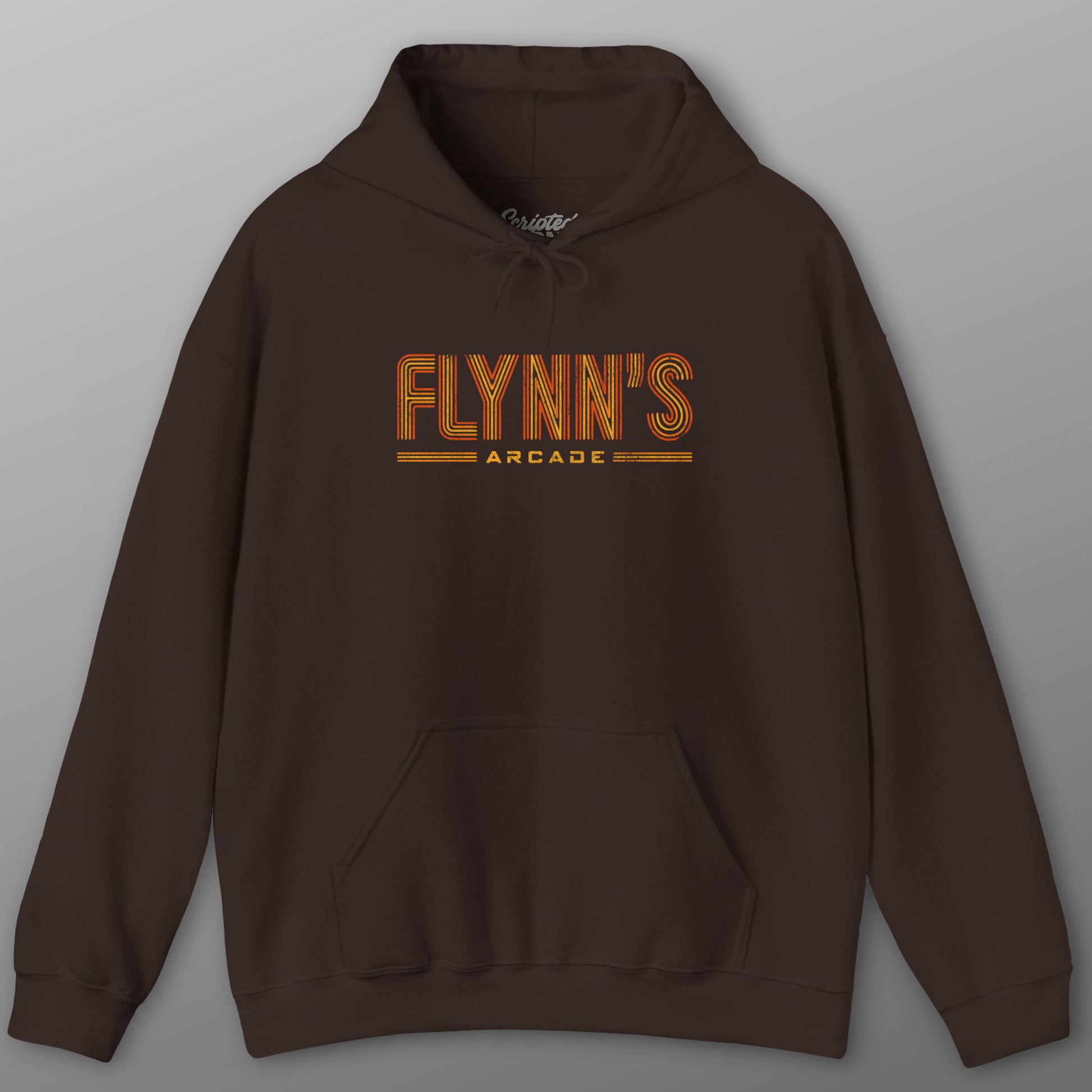 Dark Chocolate hoodie sweatshirt with vintage distressed 'Flynn’s Arcade' neon logo inspired by TRON