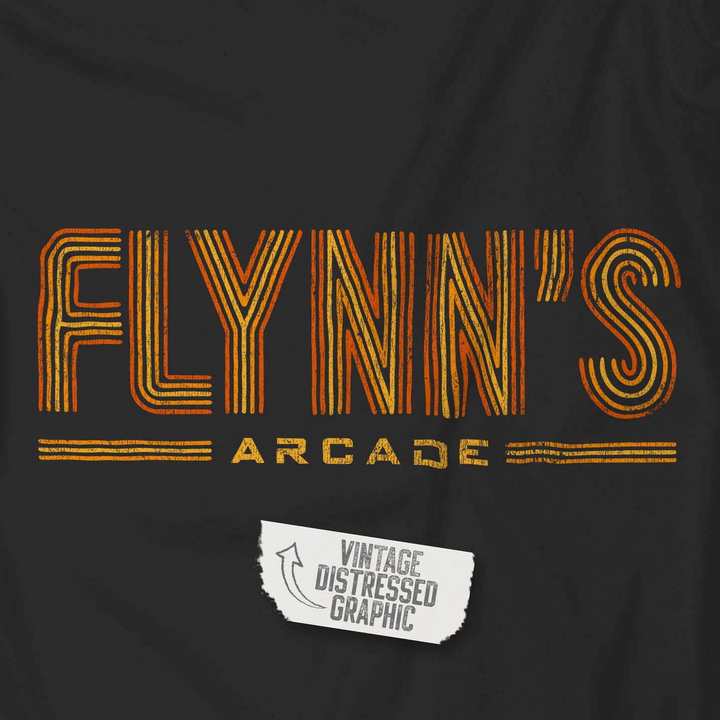 Closeup of black hoodie sweatshirt with vintage distressed 'Flynn’s Arcade' neon logo inspired by TRON
