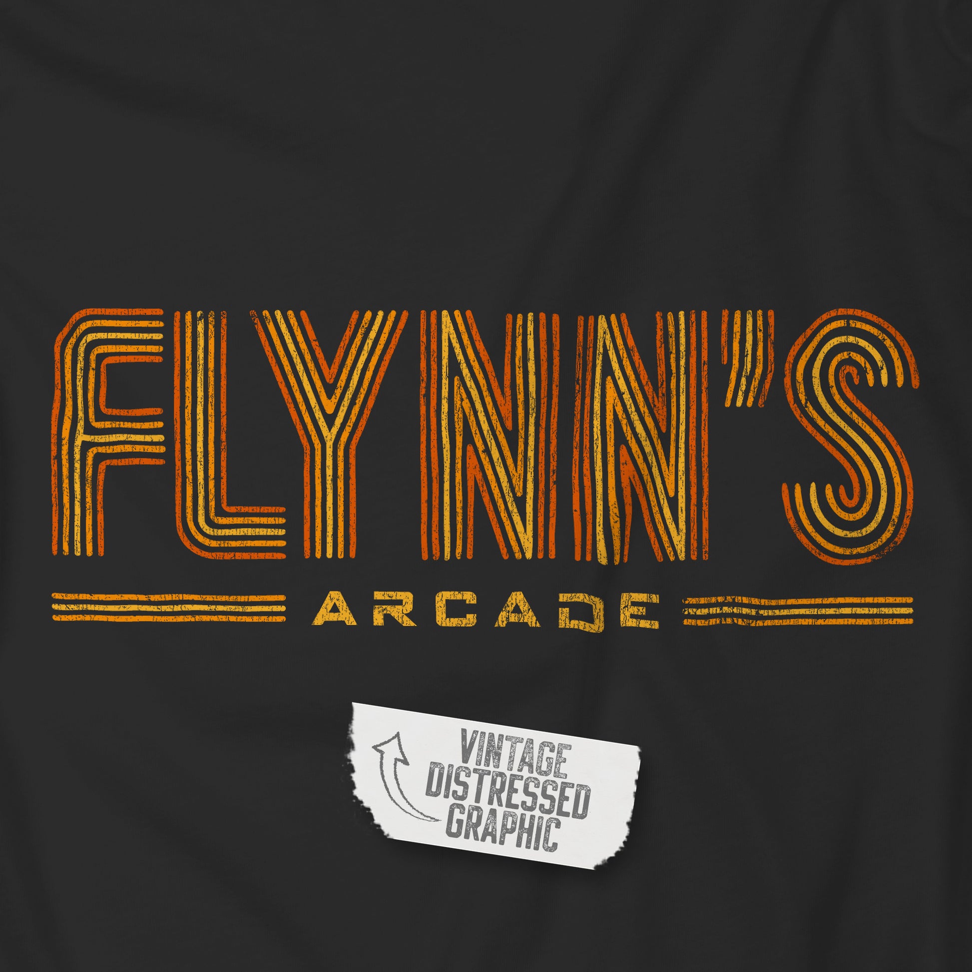 Closeup of black hoodie sweatshirt with vintage distressed 'Flynn’s Arcade' neon logo inspired by TRON