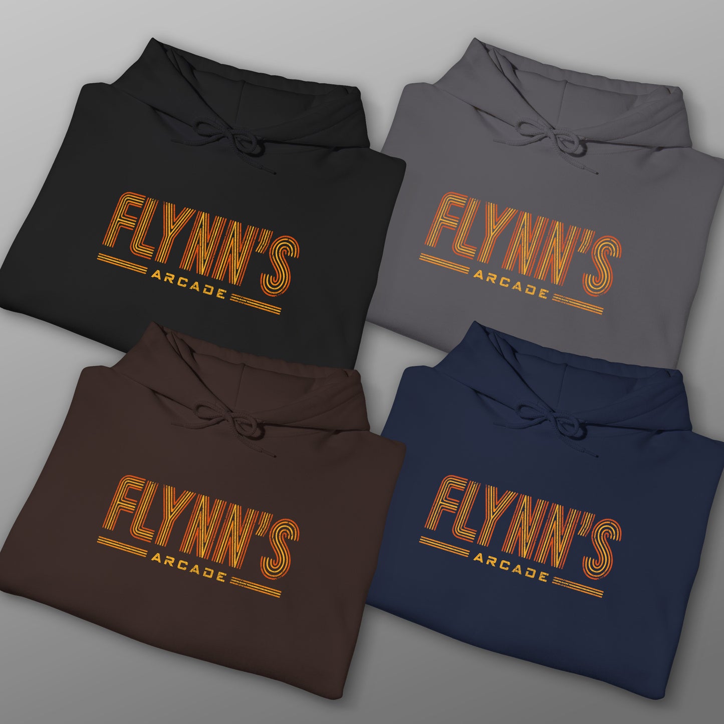 Four folded hoodie sweatshirts with vintage distressed 'Flynn’s Arcade' neon logo inspired by TRON