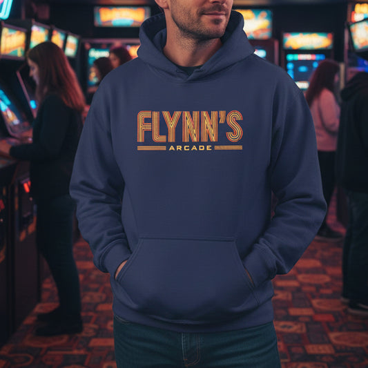 Person wearing navy hoodie sweatshirt with vintage distressed 'Flynn’s Arcade' neon logo inspired by TRON