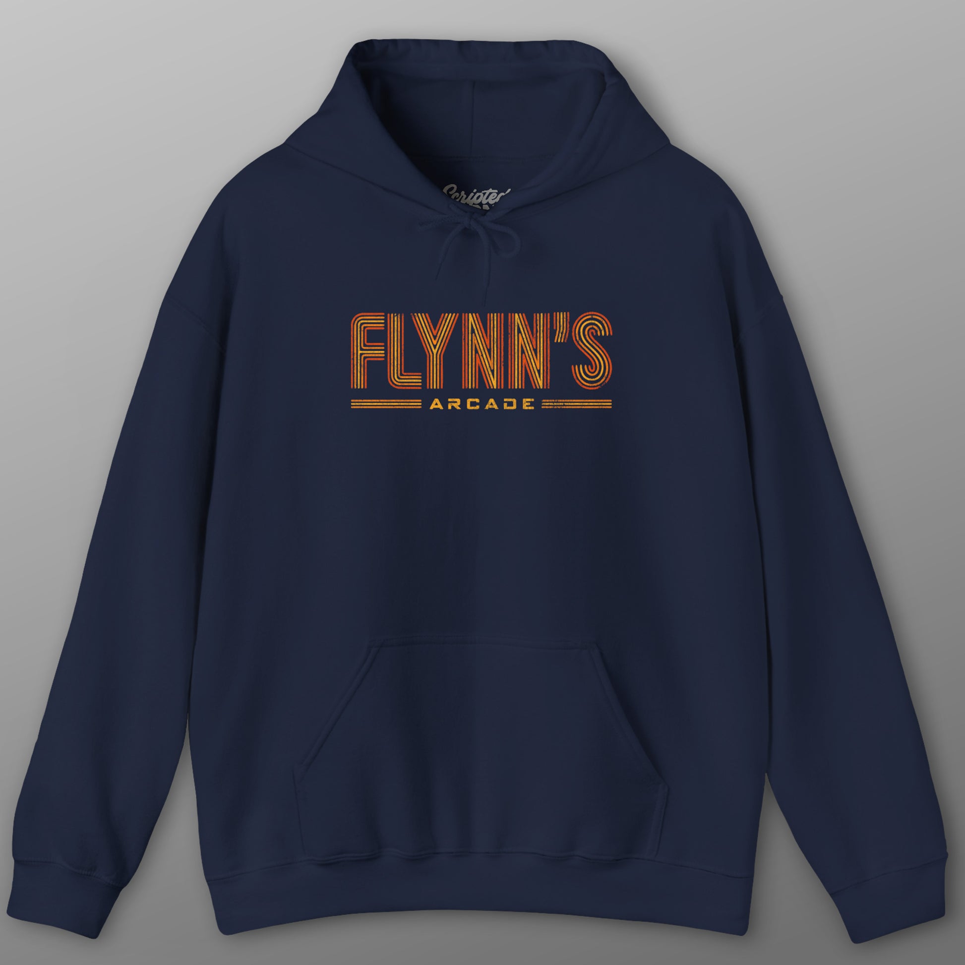 Navy blue hoodie sweatshirt with vintage distressed 'Flynn’s Arcade' neon logo inspired by TRON