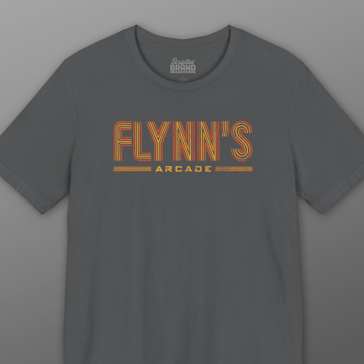 Gray t-shirt with vintage distressed 'Flynn’s Arcade' neon sign logo inspired by TRON, unisex fit