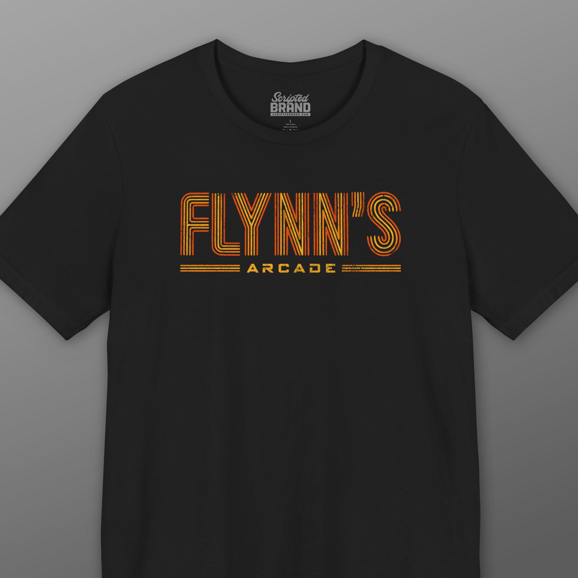 Black t-shirt with vintage distressed 'Flynn’s Arcade' neon sign logo inspired by TRON, unisex fit