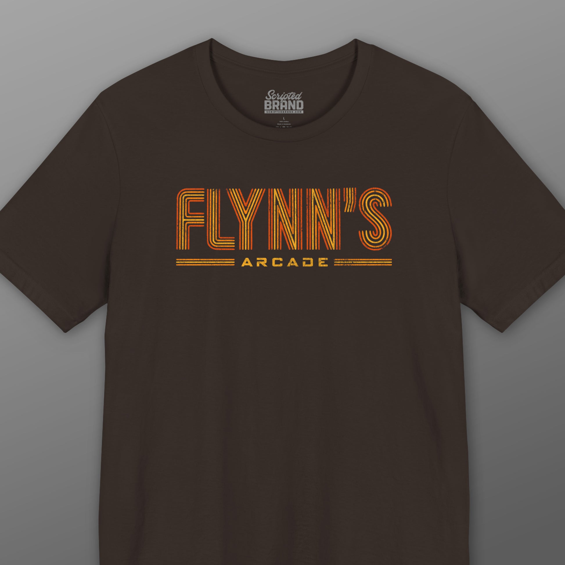 Brown t-shirt with vintage distressed 'Flynn’s Arcade' neon sign logo inspired by TRON, unisex fit