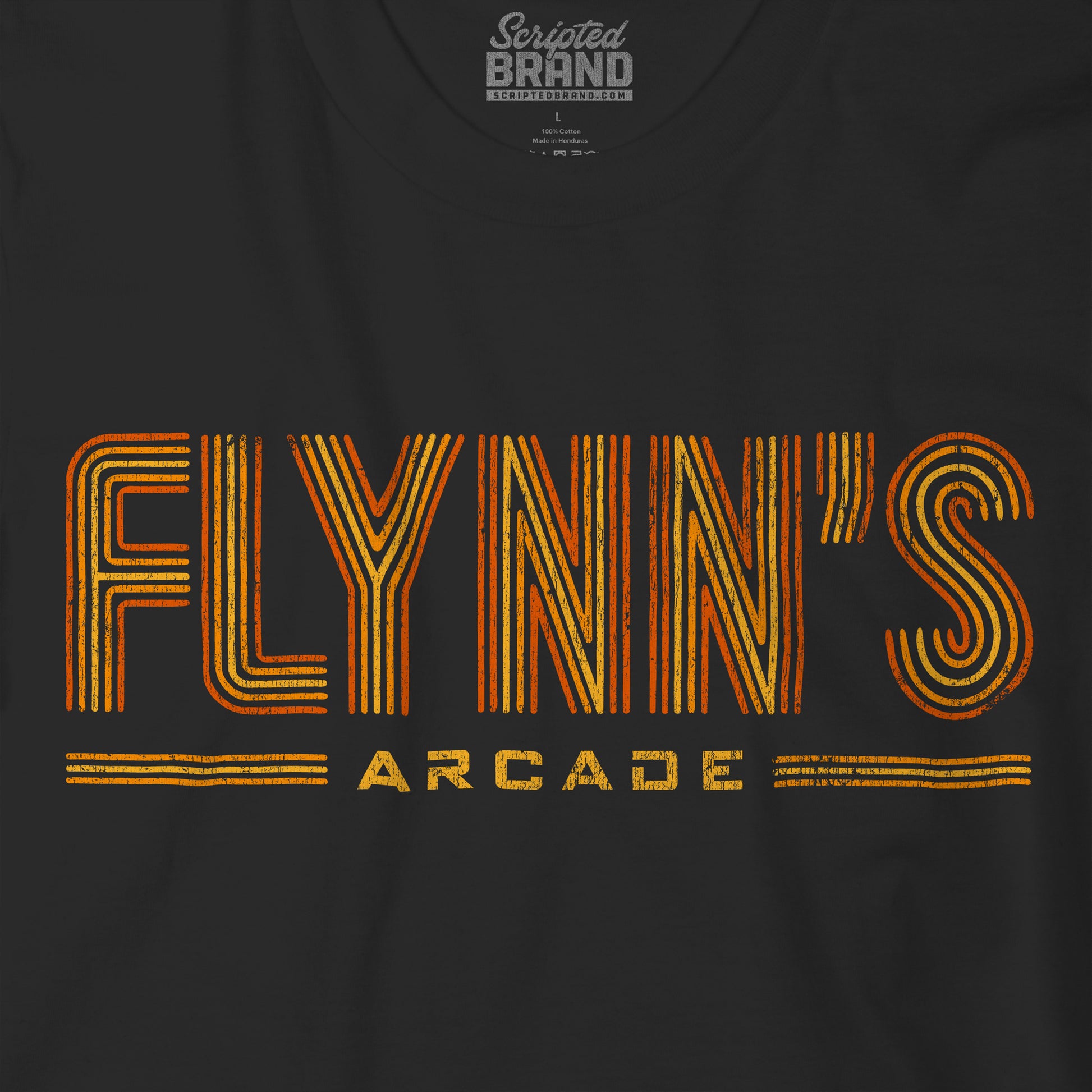 Closeup of black t-shirt with vintage distressed 'Flynn’s Arcade' neon sign logo inspired by TRON, unisex fit