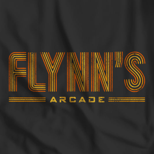 Closeup of black tee with vintage distressed 'Flynn’s Arcade' neon sign logo inspired by TRON, unisex fit t-shirt