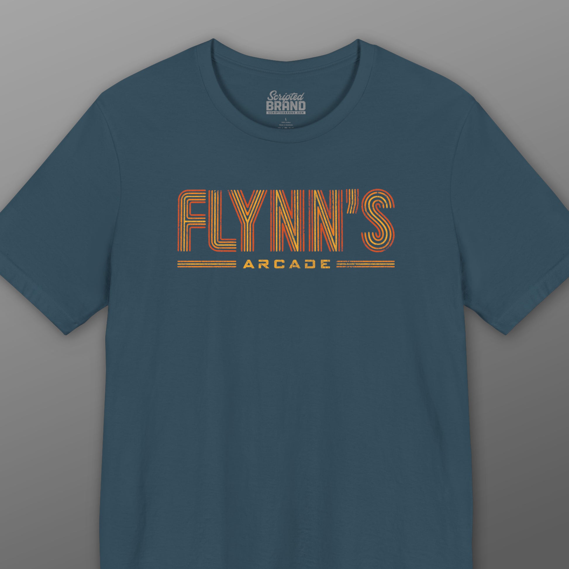 Teal blue t-shirt with vintage distressed 'Flynn’s Arcade' neon sign logo inspired by TRON, unisex fit