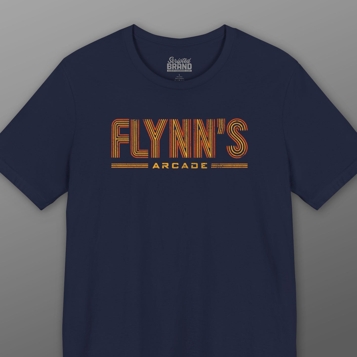 Navy blue t-shirt with vintage distressed 'Flynn’s Arcade' neon sign logo inspired by TRON, unisex fit