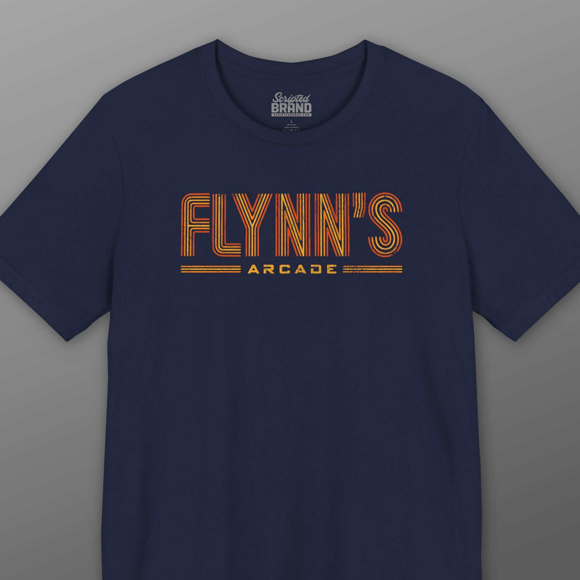 Navy blue t-shirt with vintage distressed 'Flynn’s Arcade' neon sign logo inspired by TRON, unisex fit