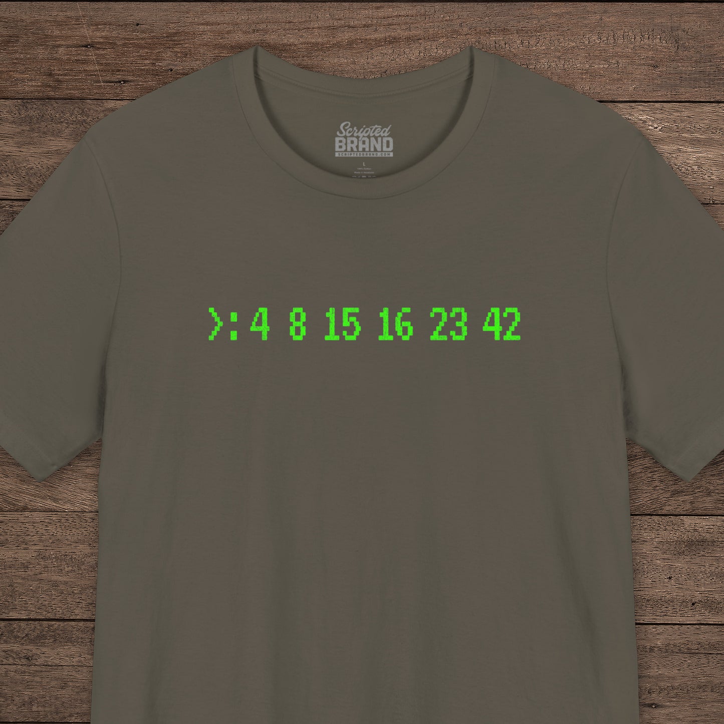 Army green Bella+Canvas 3001 t-shirt with terminal green LOST Dharma Initiative hatch numbers 4 8 15 16 23 42