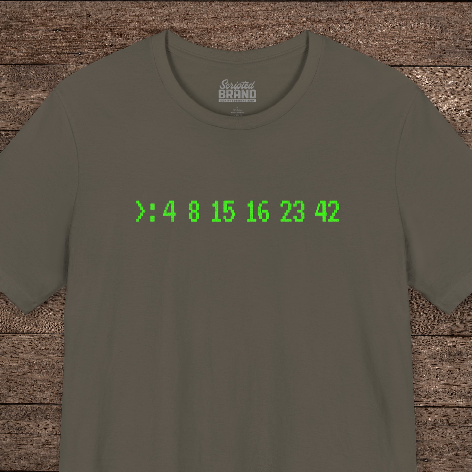 Army green Bella+Canvas 3001 t-shirt with terminal green LOST Dharma Initiative hatch numbers 4 8 15 16 23 42