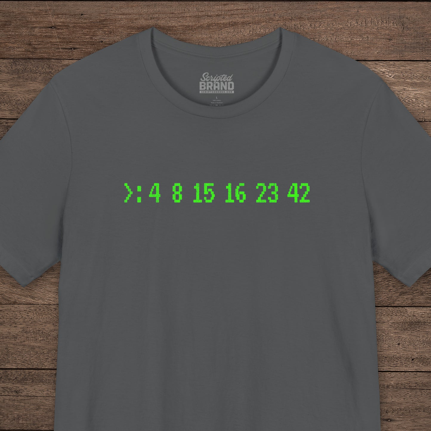 Gray Bella+Canvas 3001 t-shirt with terminal green LOST Dharma Initiative hatch numbers 4 8 15 16 23 42