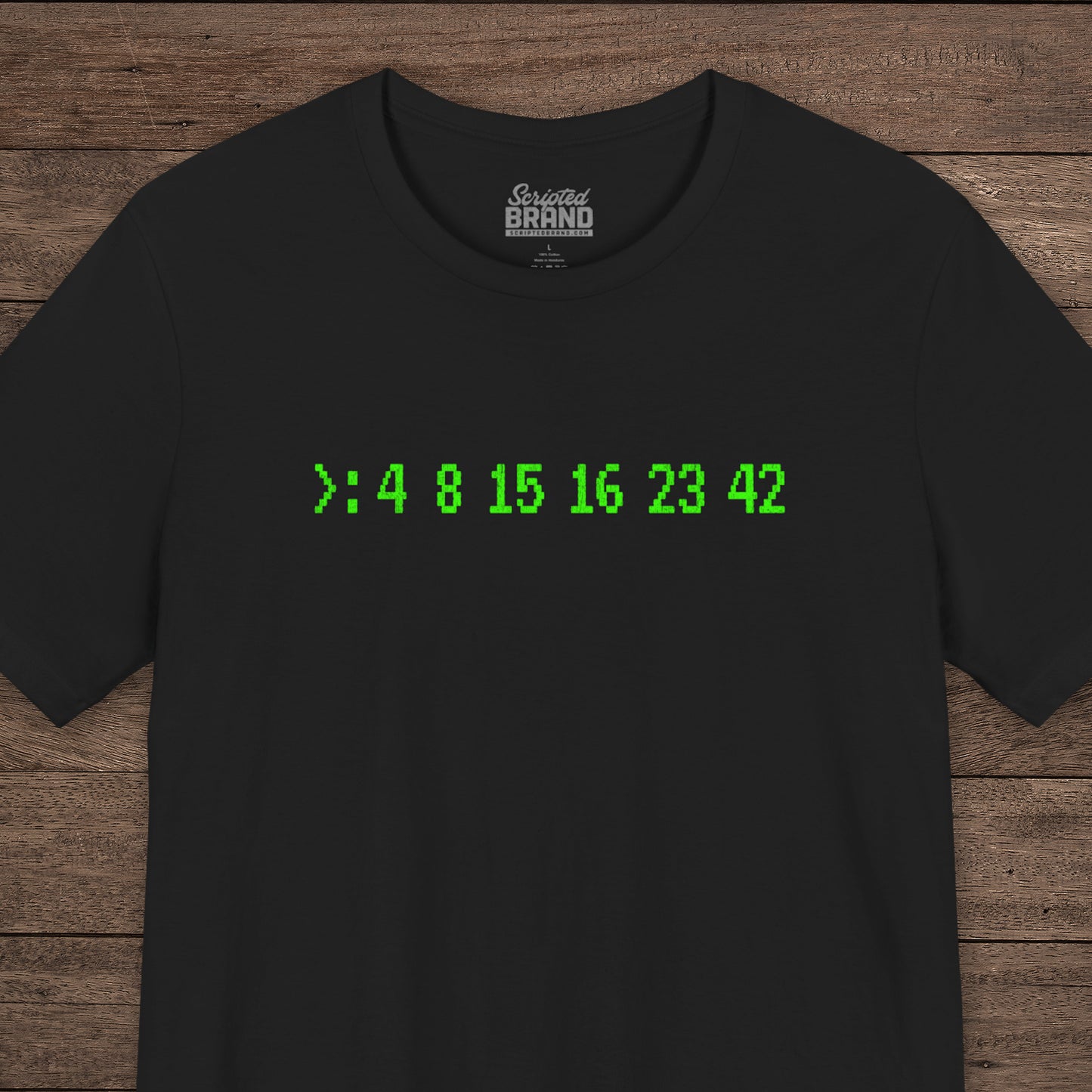 Black Bella+Canvas 3001 t-shirt with terminal green LOST Dharma Initiative hatch numbers 4 8 15 16 23 42
