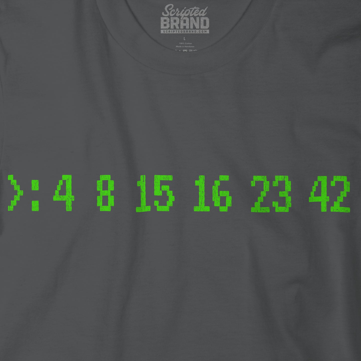 Closeup of gray Bella+Canvas 3001 t-shirt with terminal green LOST Dharma Initiative hatch numbers 4 8 15 16 23 42