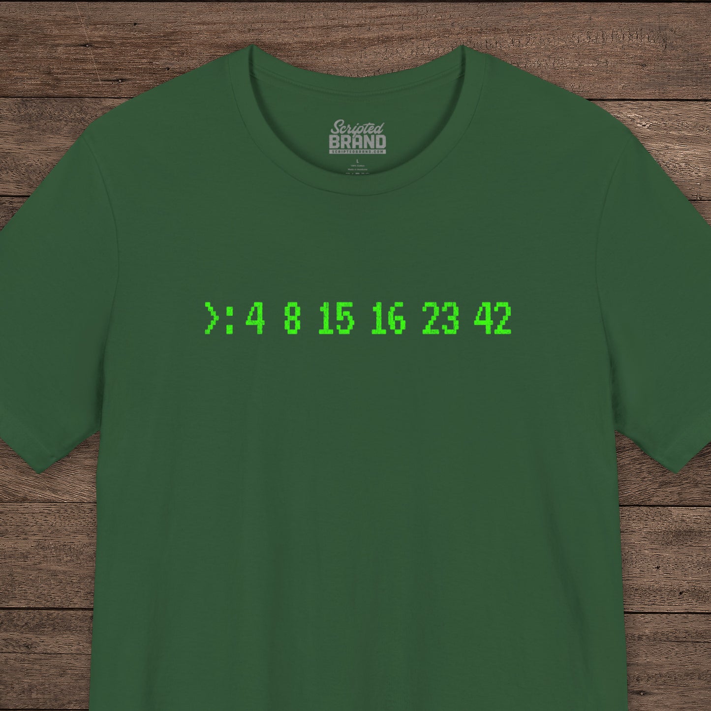 Green Bella+Canvas 3001 t-shirt with terminal green LOST Dharma Initiative hatch numbers 4 8 15 16 23 42