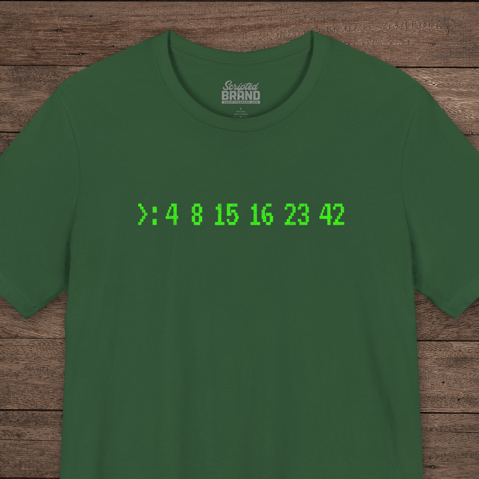 Green Bella+Canvas 3001 t-shirt with terminal green LOST Dharma Initiative hatch numbers 4 8 15 16 23 42