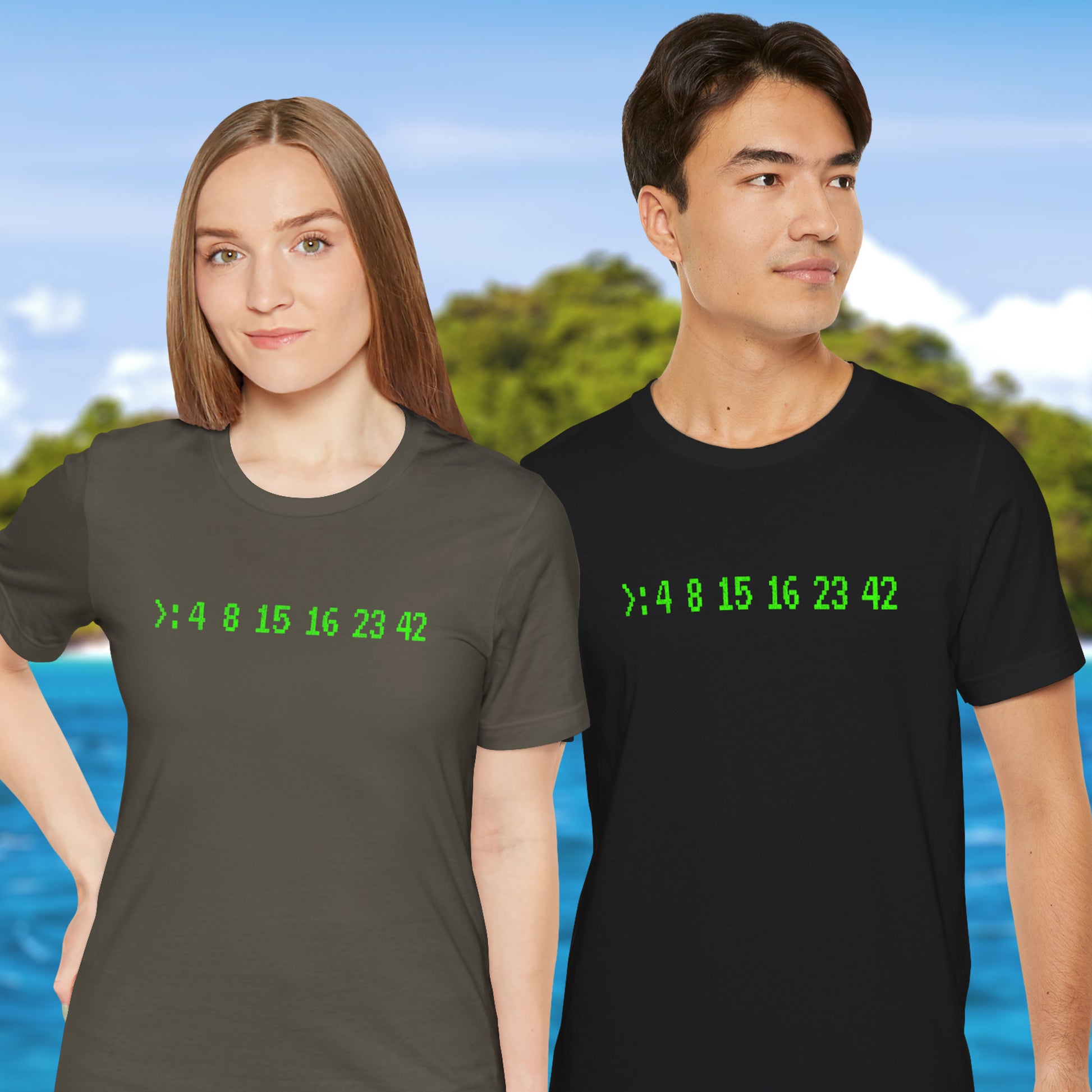 Two people wearing Bella+Canvas 3001 t-shirts with terminal green LOST Dharma Initiative hatch numbers 4 8 15 16 23 42