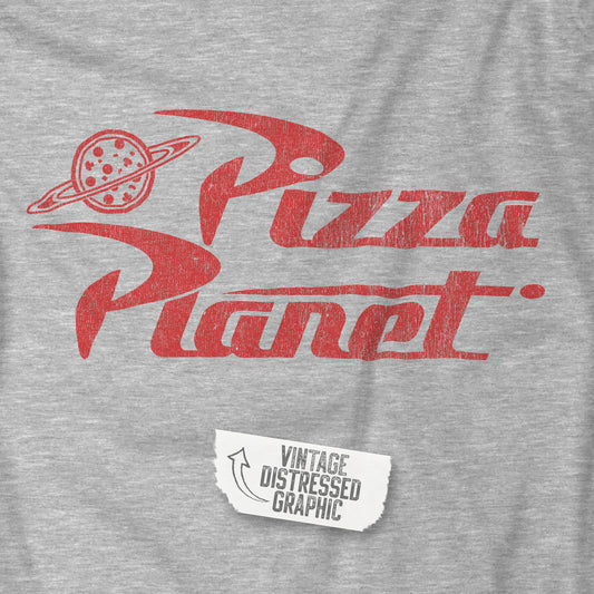 Closeup of heather gray t-shirt with distressed red Pizza Planet logo inspired by the Toy Story movies.