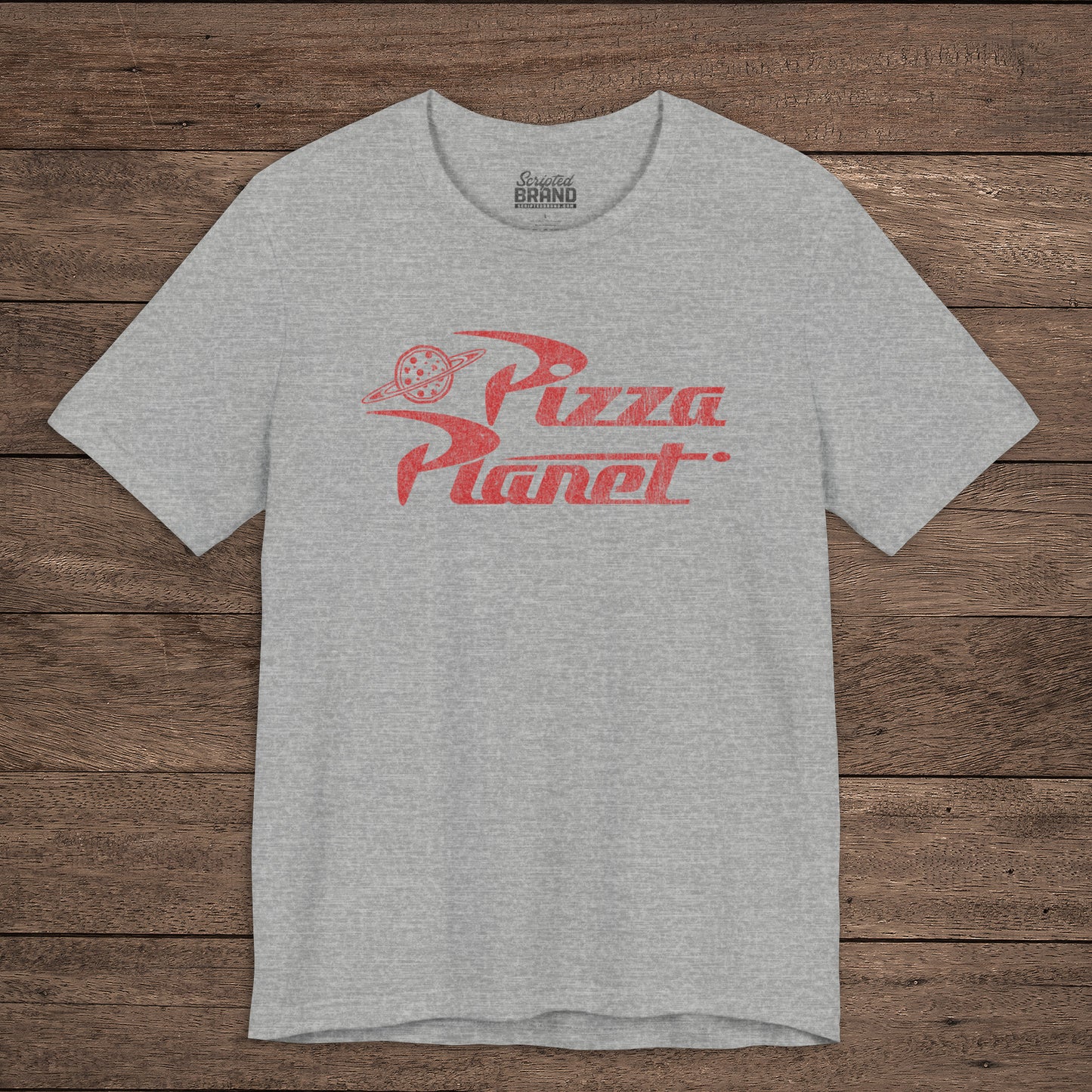 Front of heather gray t-shirt with distressed red Pizza Planet logo inspired by the Toy Story movies.