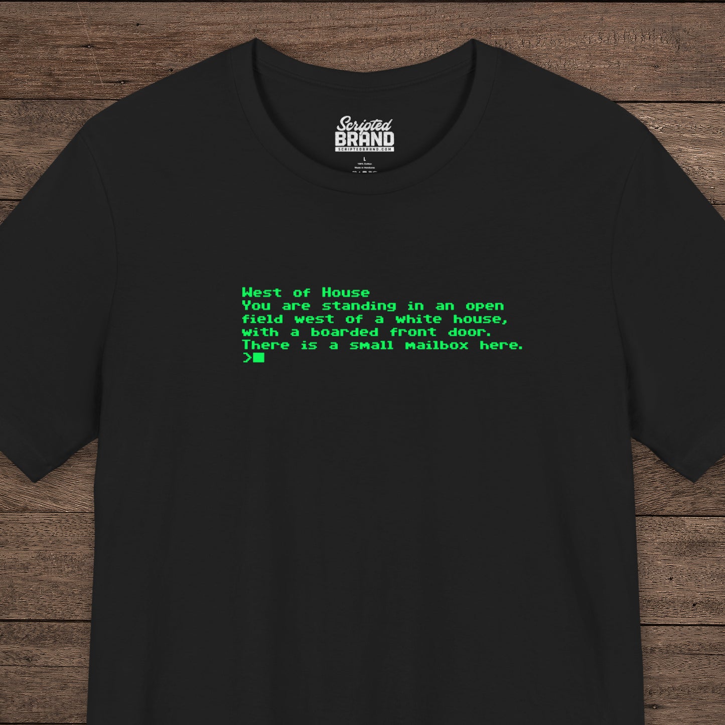Black Bella+Canvas 3001 Zork “West of House” text adventure quote t-shirt with terminal-style neon green text